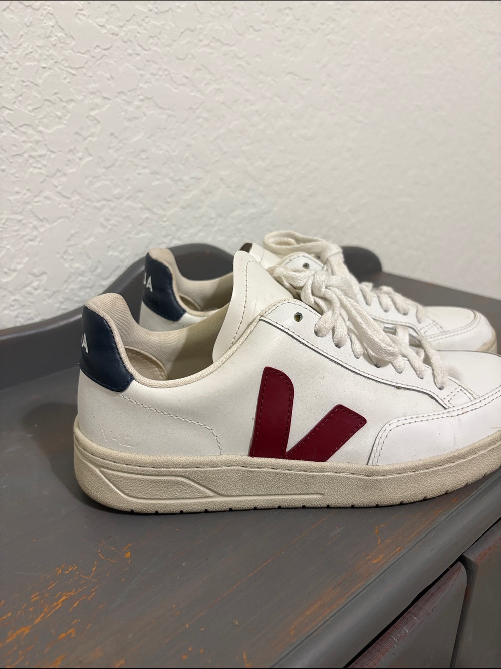 Veja White Sneakers with Burgundy V and Navy Heel Tab